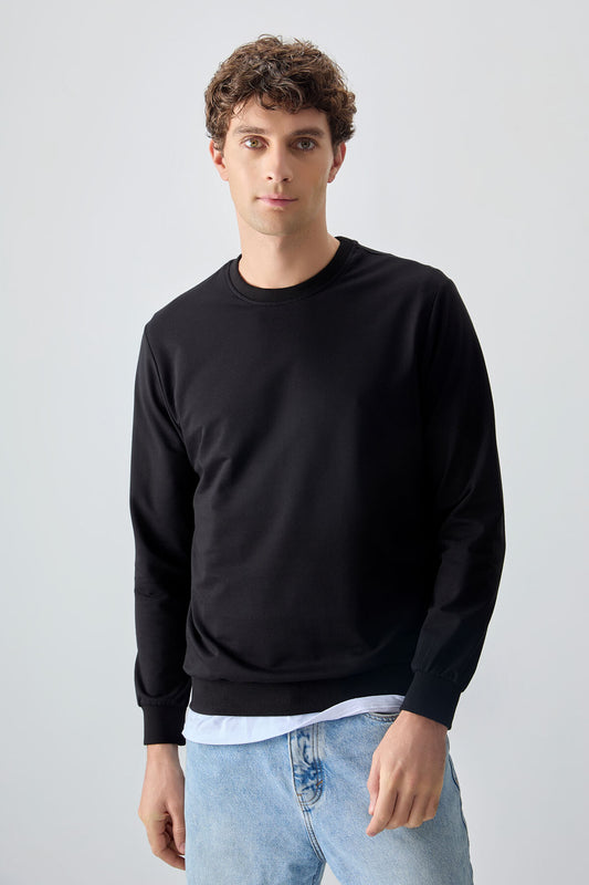 Black Cotton Soft Textured Standard Fit Basic Men's Sweatshirt - 88363