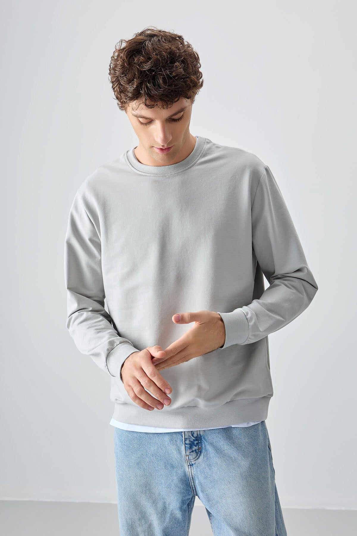 Standard Fit Basic Men's Stone Cotton Soft Woven Sweatshirt - 88363