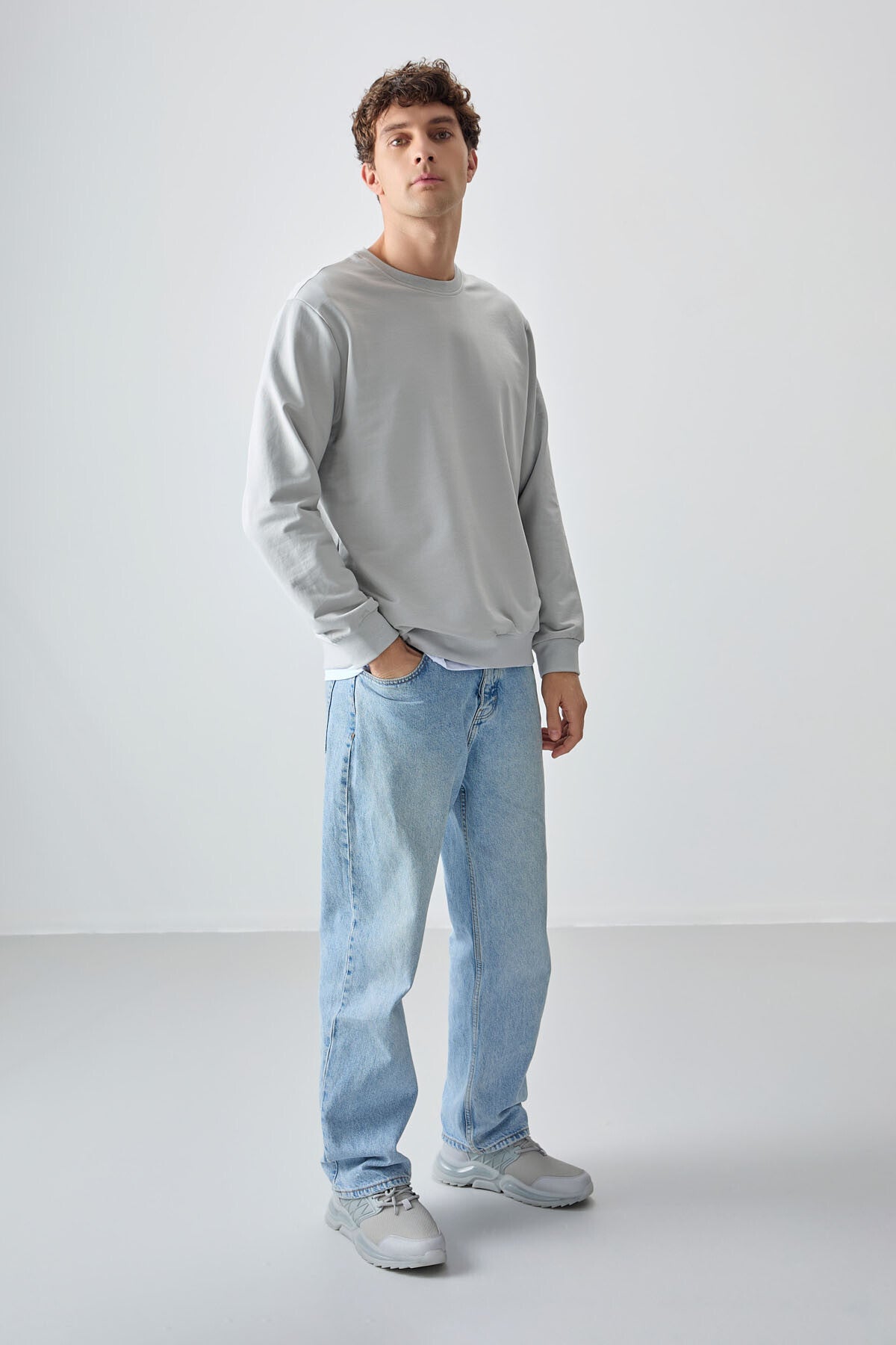 Standard Fit Basic Men's Stone Cotton Soft Woven Sweatshirt - 88363
