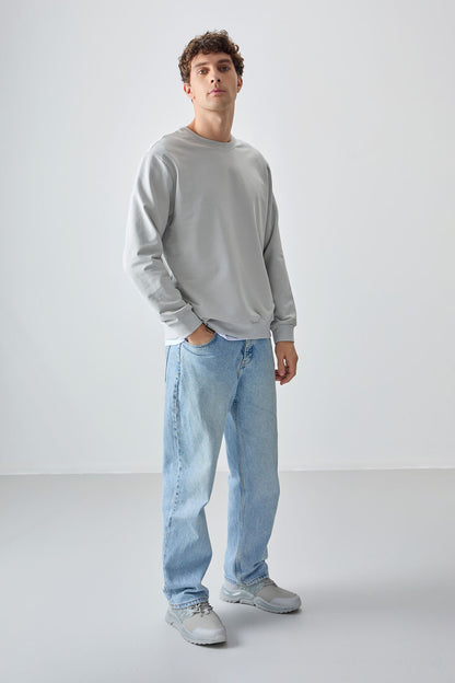 Standard Fit Basic Men's Stone Cotton Soft Woven Sweatshirt - 88363