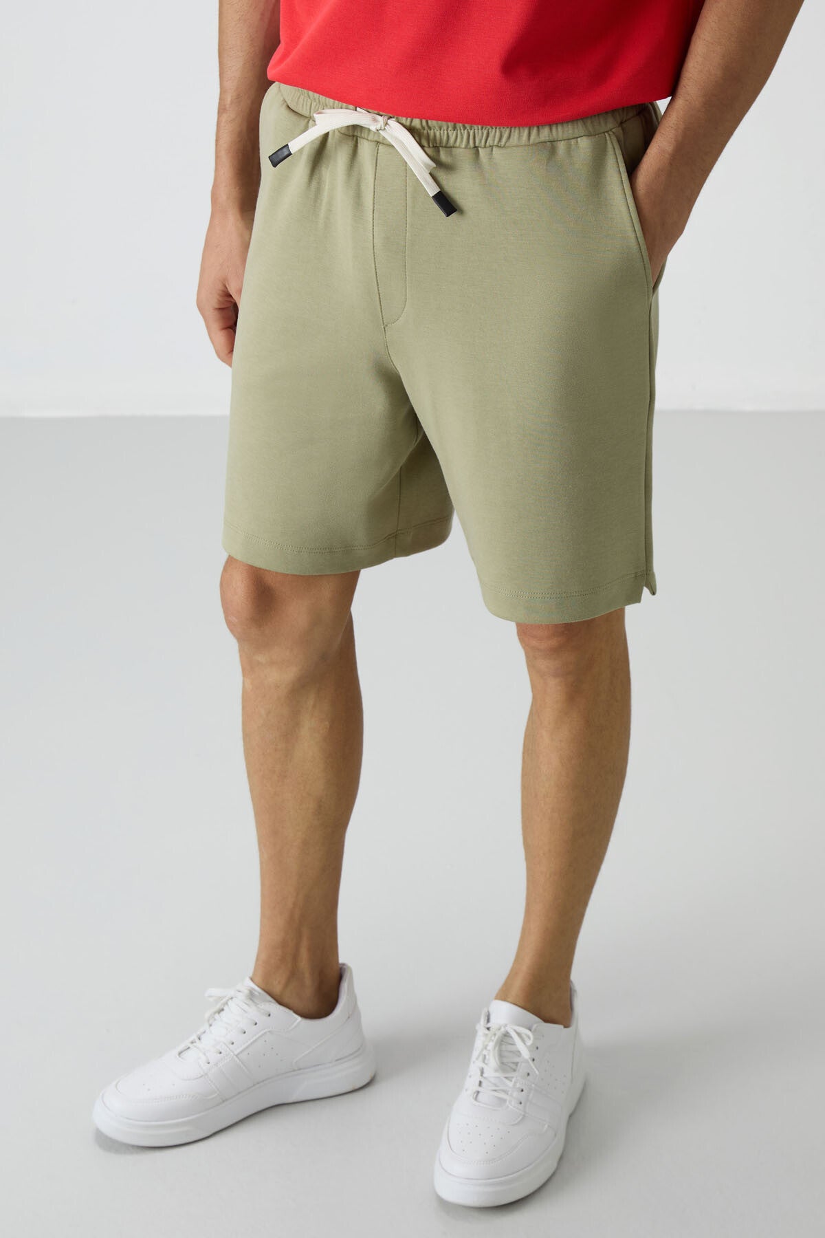 Open Green Almond Cotton Thick Soft Textured Comfort Fit Basic Men's Shorts - 81274