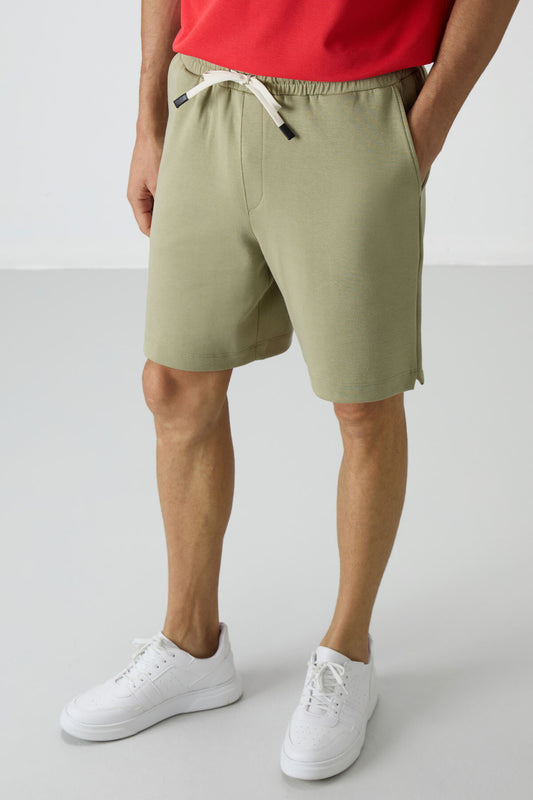 Open Green Almond Cotton Thick Soft Textured Comfort Fit Basic Men's Shorts - 81274