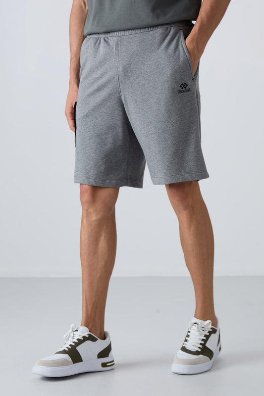 Grey Melange Cotton Thick Soft Textured Comfort Fit Printed Men's Shorts - 81266