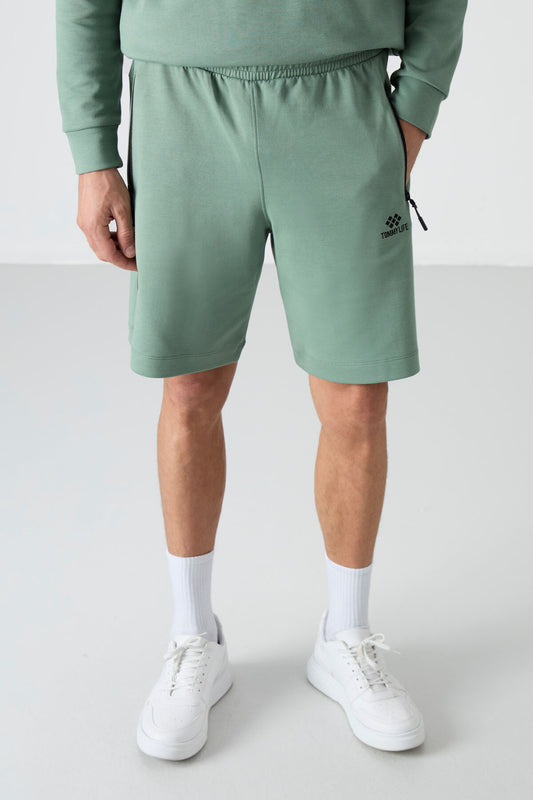 Light Green Hidden Zipper Back Pocket Laced Standard Fit Men's Shorts - 81136