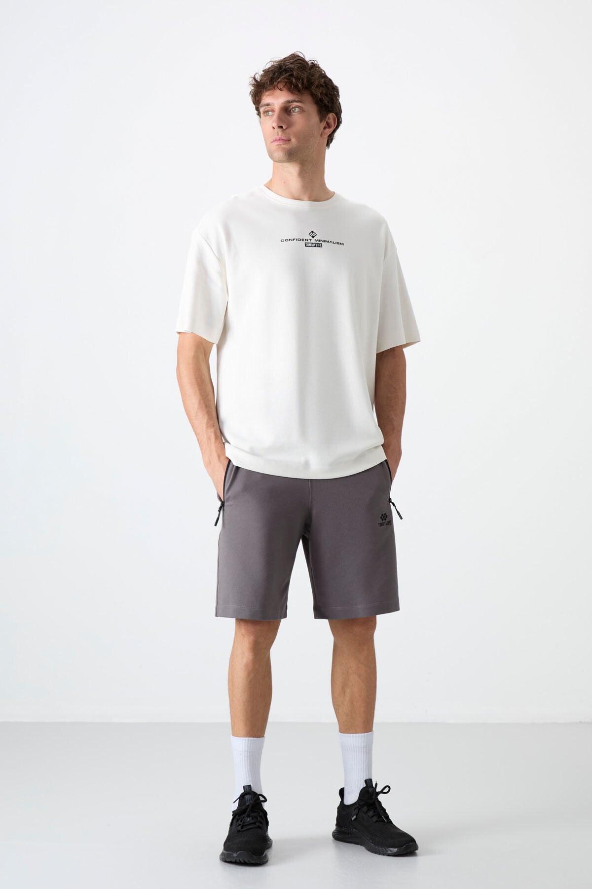 Dark Grey Hidden Zipper Back Pocket Laced Standard Fit Men's Shorts - 81136