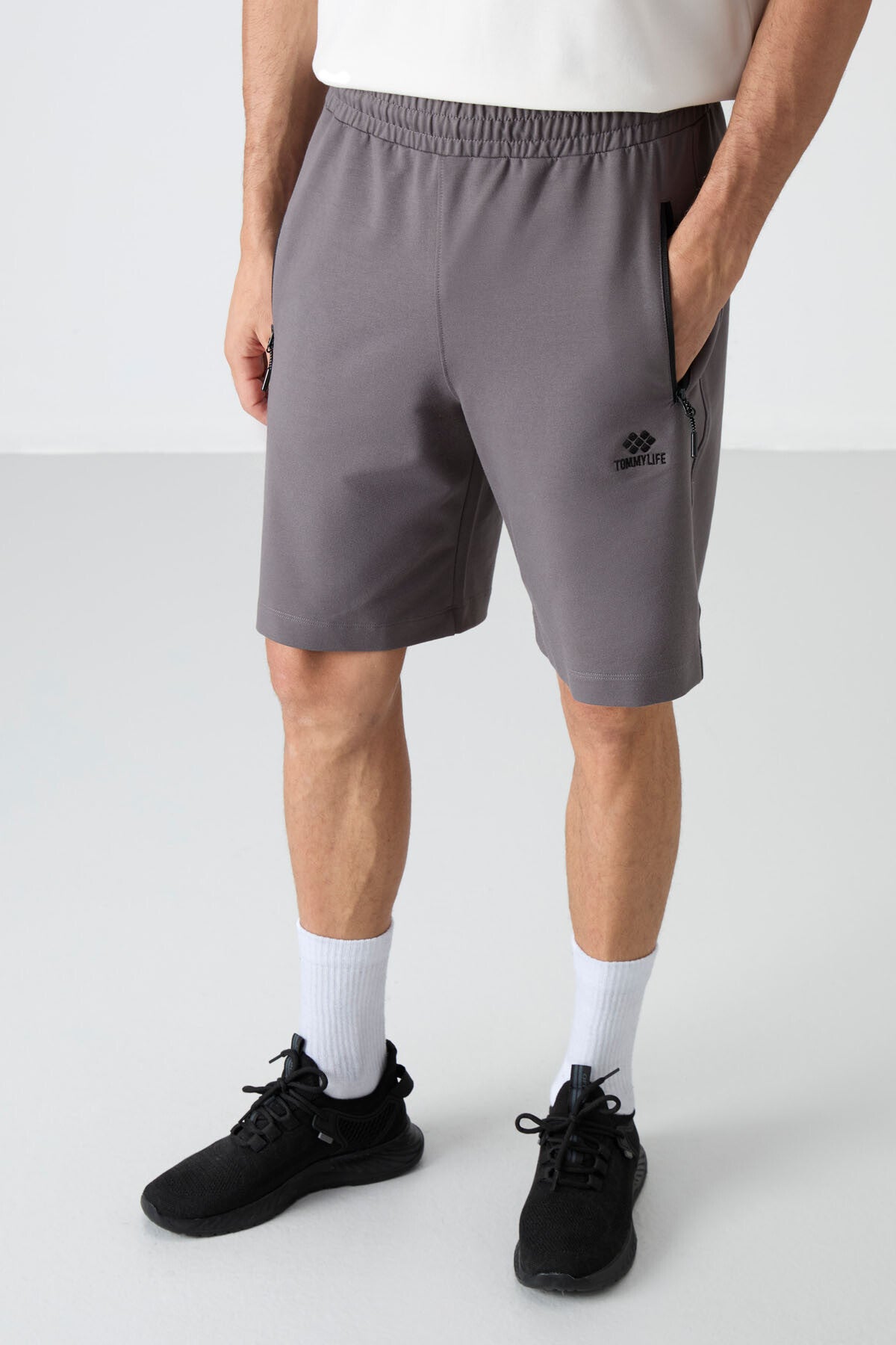 Dark Grey Hidden Zipper Back Pocket Laced Standard Fit Men's Shorts - 81136