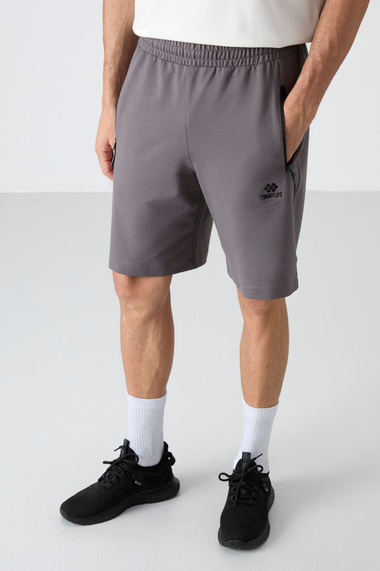 Dark Grey Hidden Zipper Back Pocket Laced Standard Fit Men's Shorts - 81136
