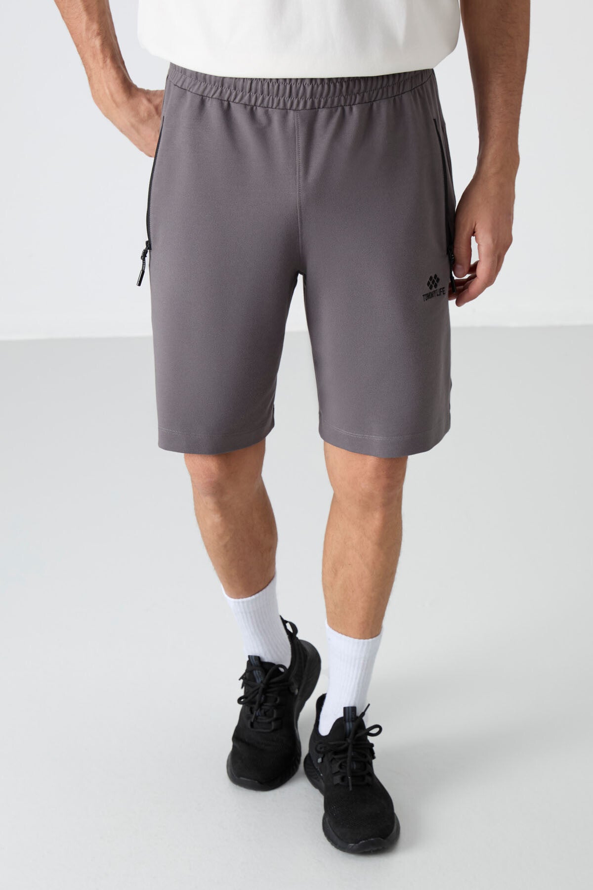 Dark Grey Hidden Zipper Back Pocket Laced Standard Fit Men's Shorts - 81136