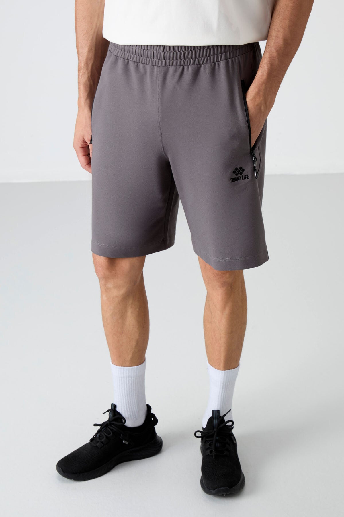 Dark Grey Hidden Zipper Back Pocket Laced Standard Fit Men's Shorts - 81136