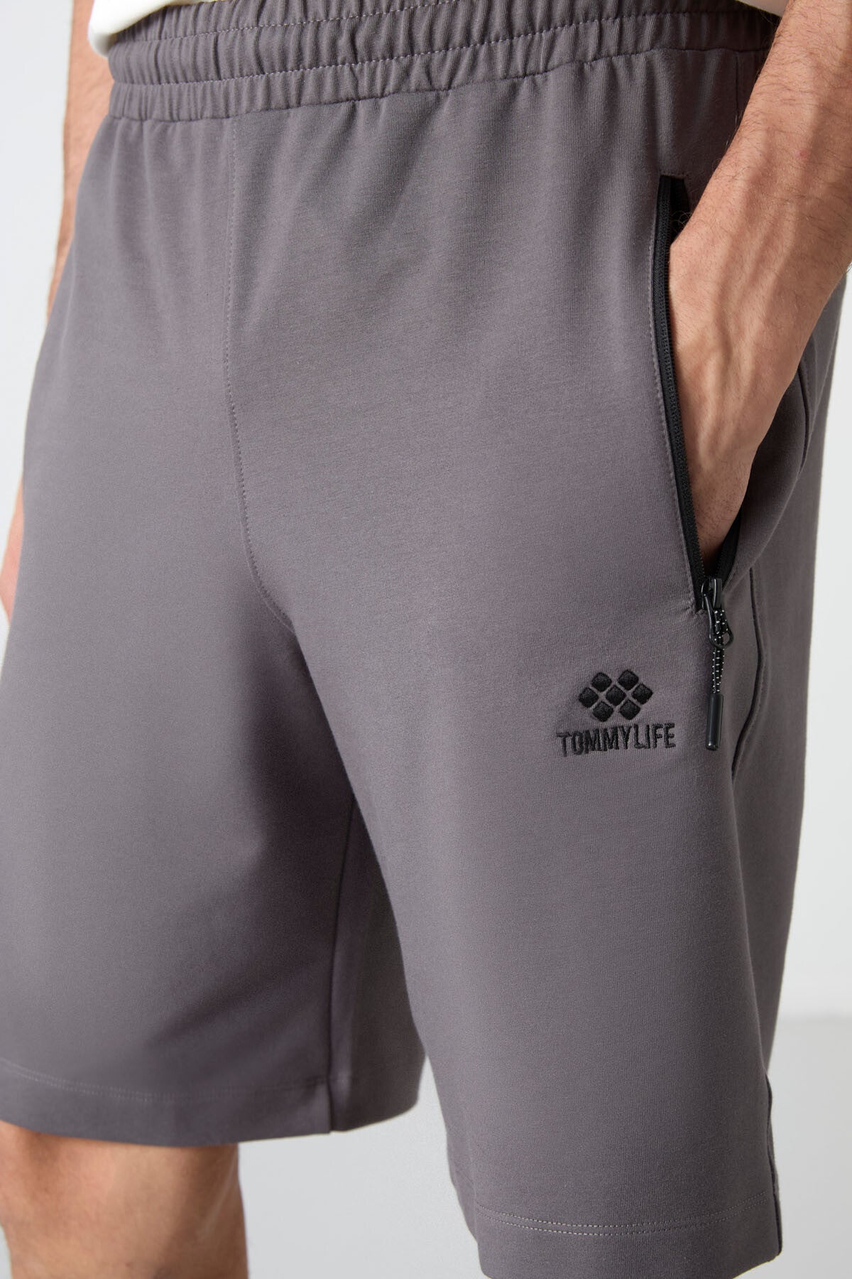 Dark Grey Hidden Zipper Back Pocket Laced Standard Fit Men's Shorts - 81136
