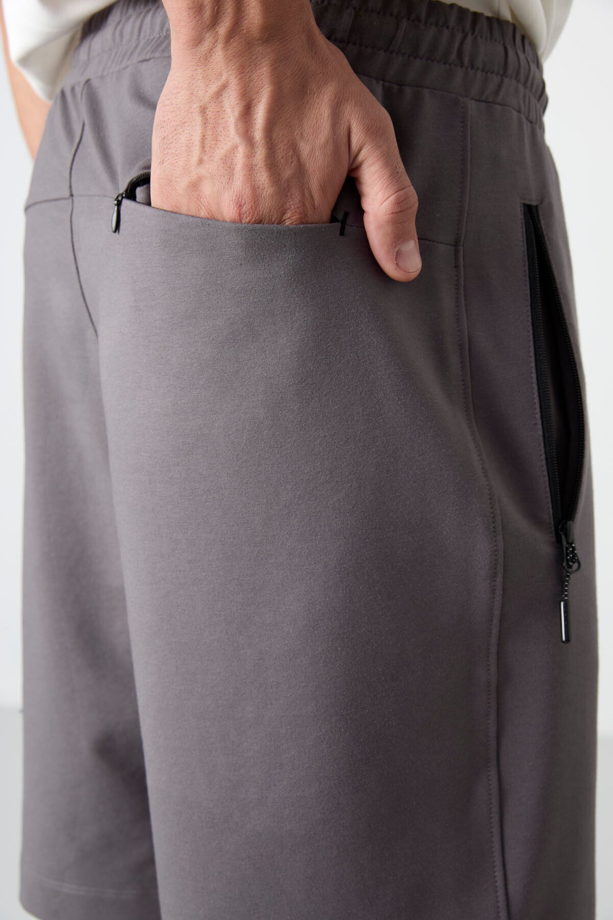 Dark Grey Hidden Zipper Back Pocket Laced Standard Fit Men's Shorts - 81136