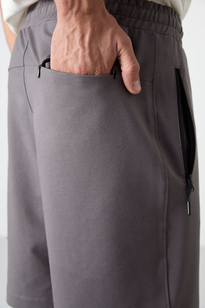 Dark Grey Hidden Zipper Back Pocket Laced Standard Fit Men's Shorts - 81136