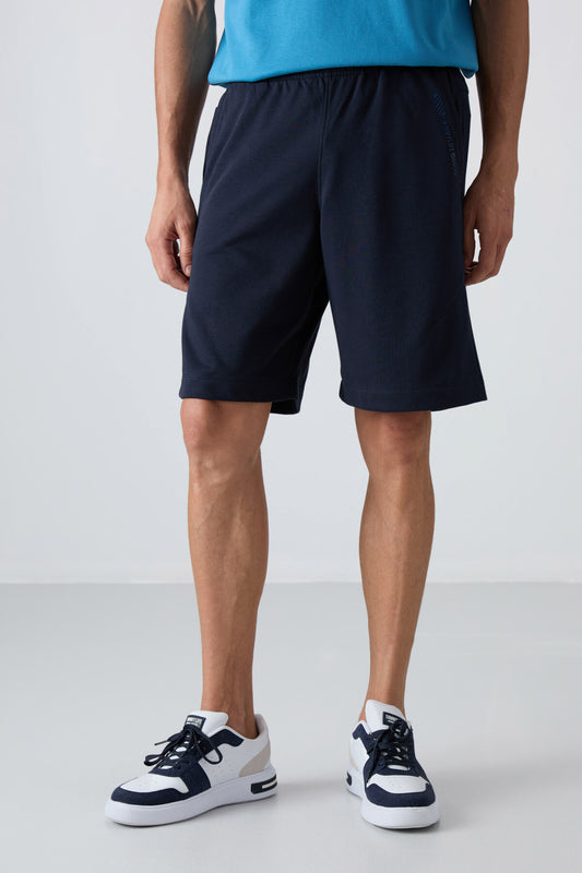 Navy Blue Cotton Thick Soft Textured Comfort Fit Printed Men's Shorts - 81263
