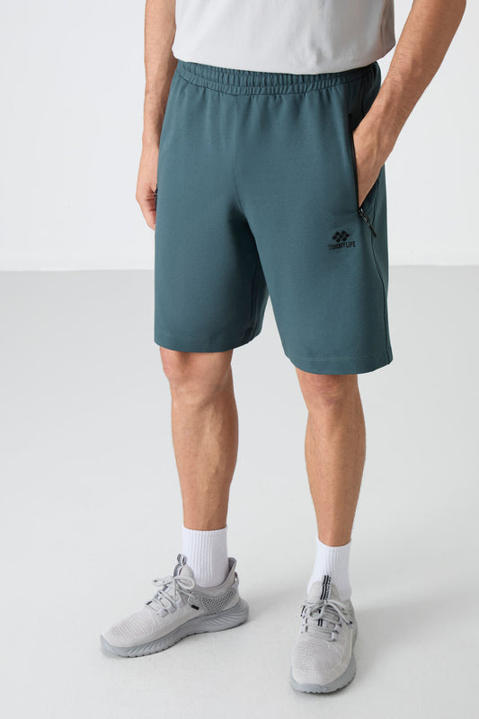 Forest Green Hidden Zipper Back Pocket Laced Standard Fit Men's Shorts - 81136