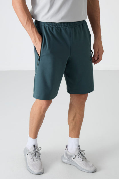 Forest Green Hidden Zipper Back Pocket Laced Standard Fit Men's Shorts - 81136