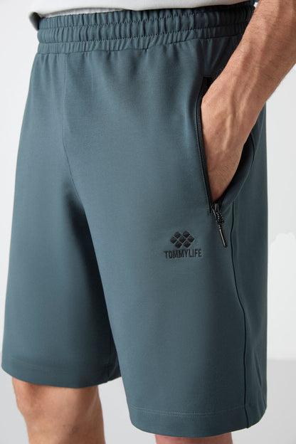 Forest Green Hidden Zipper Back Pocket Laced Standard Fit Men's Shorts - 81136