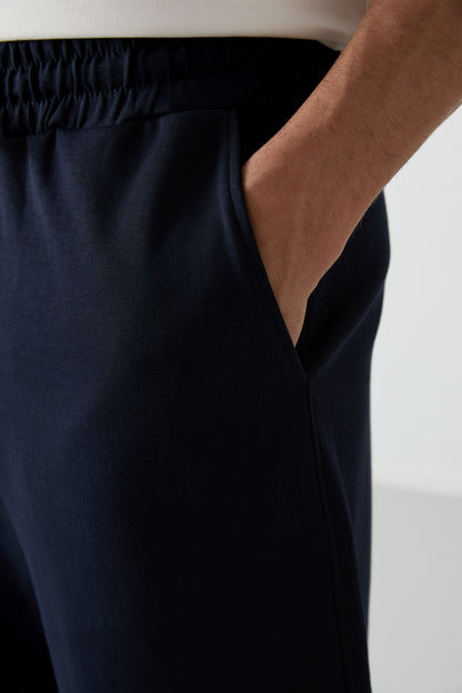 Ecru - Navy Blue Cotton Thick Soft Textured Oversize Fit Basic Men's Shorts Set - 85249