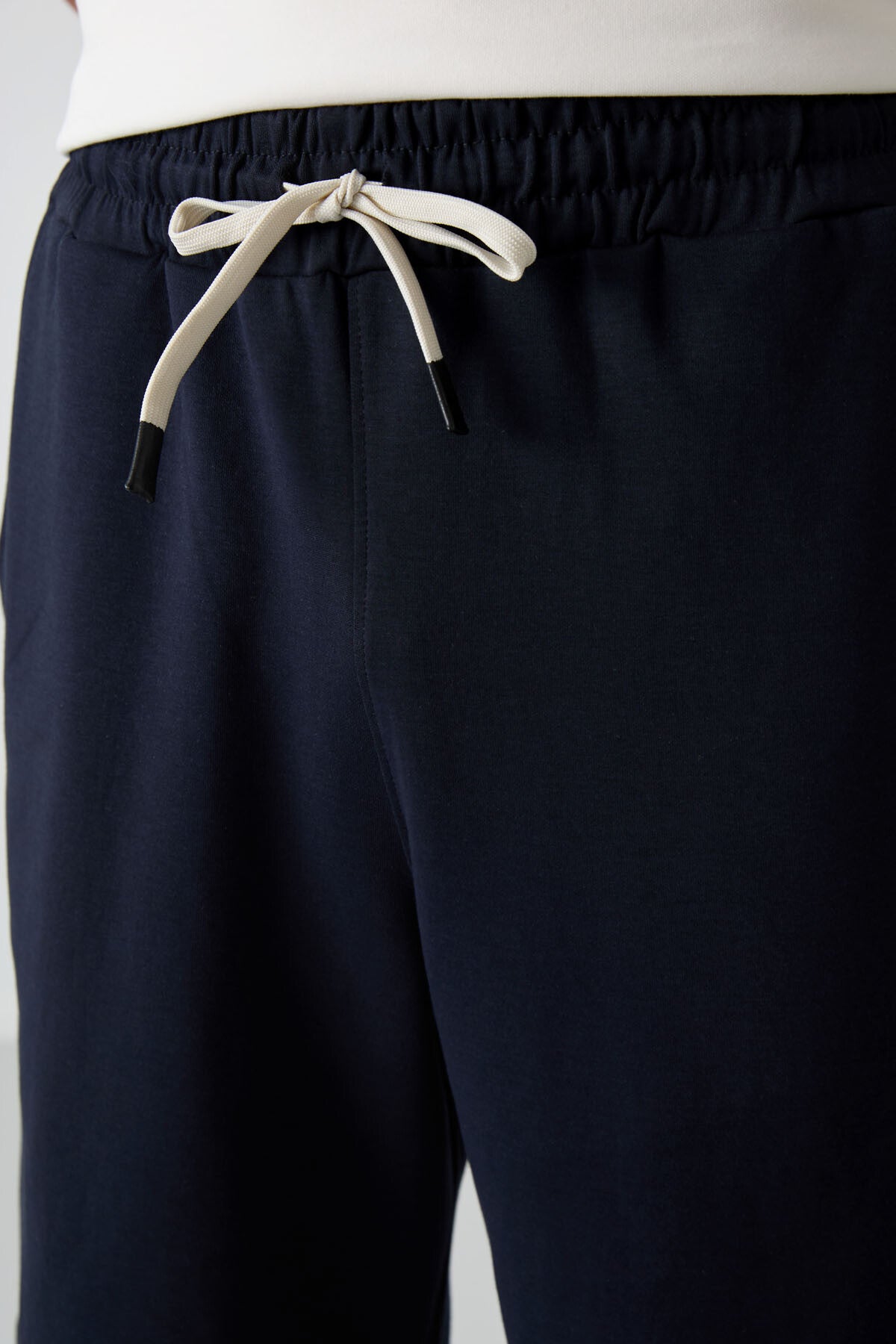 Ecru - Navy Blue Cotton Thick Soft Textured Oversize Fit Basic Men's Shorts Set - 85249