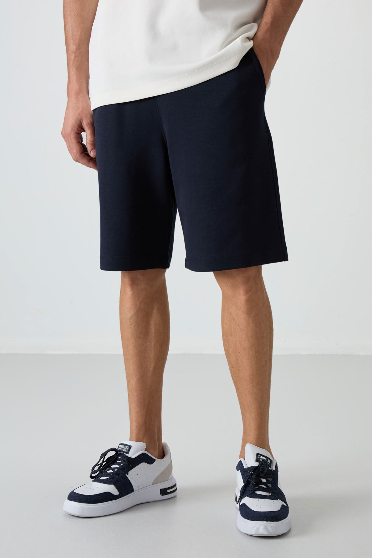 Ecru - Navy Blue Cotton Thick Soft Textured Oversize Fit Basic Men's Shorts Set - 85249