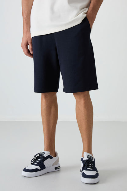 Ecru - Navy Blue Cotton Thick Soft Textured Oversize Fit Basic Men's Shorts Set - 85249
