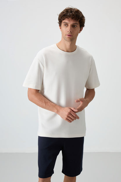 Ecru - Navy Blue Cotton Thick Soft Textured Oversize Fit Basic Men's Shorts Set - 85249