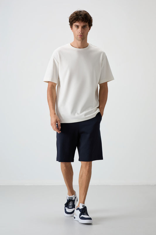 Ecru - Navy Blue Cotton Thick Soft Textured Oversize Fit Basic Men's Shorts Set - 85249
