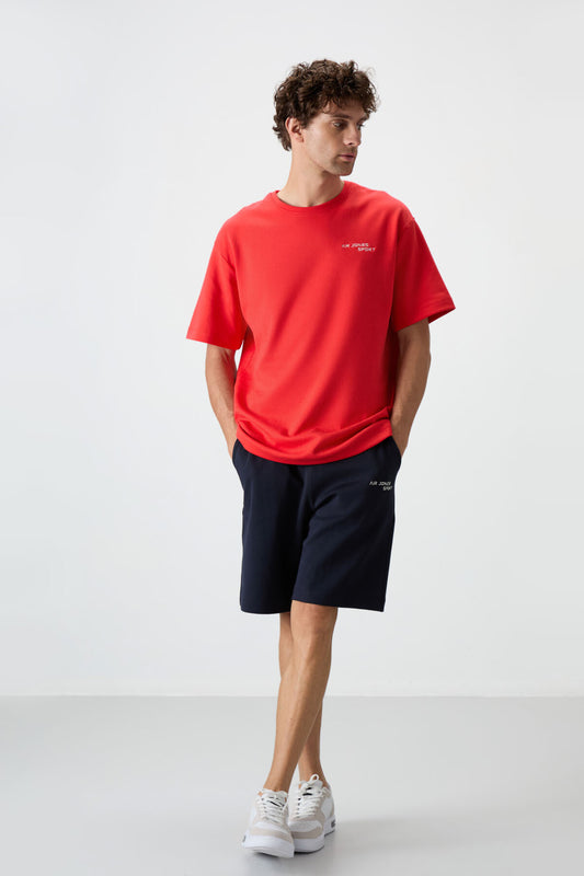 Fiesta - Navy Blue Cotton Thick Soft Textured Oversize Fit Embroidered Men's Shorts Set - 85250