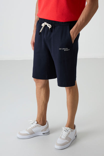 Fiesta - Navy Blue Cotton Thick Soft Textured Oversize Fit Embroidered Men's Shorts Set - 85250