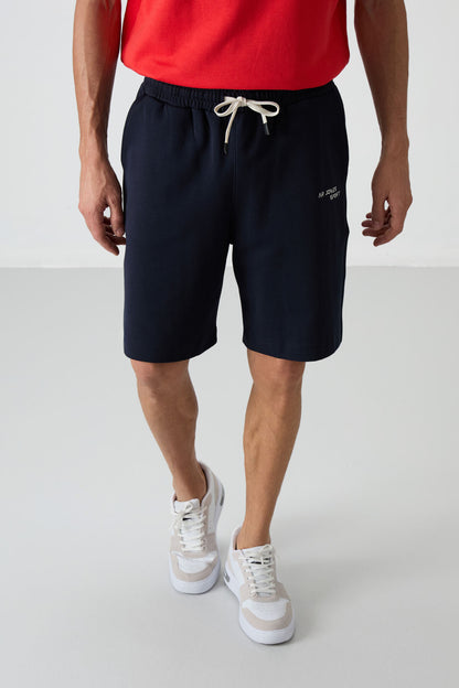 Fiesta - Navy Blue Cotton Thick Soft Textured Oversize Fit Embroidered Men's Shorts Set - 85250