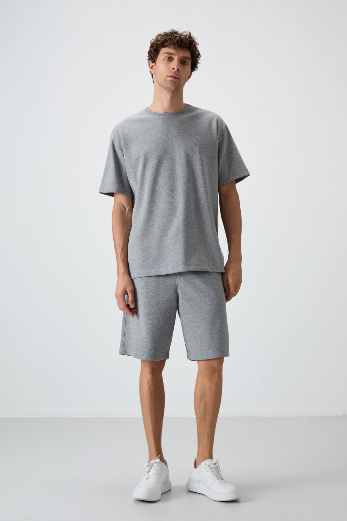 Grey Melange Cotton Thick Soft Textured Oversize Fit Basic Men's Shorts Set - 85249