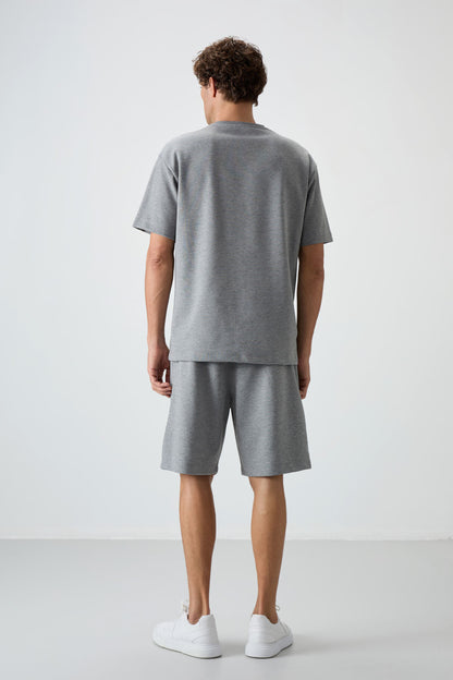 Grey Melange Cotton Thick Soft Textured Oversize Fit Basic Men's Shorts Set - 85249