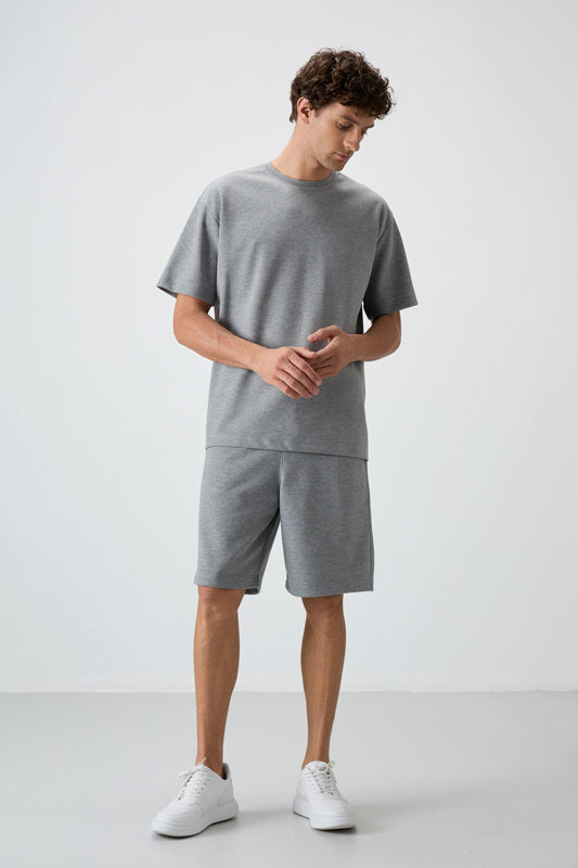 Grey Melange Cotton Thick Soft Textured Oversize Fit Basic Men's Shorts Set - 85249