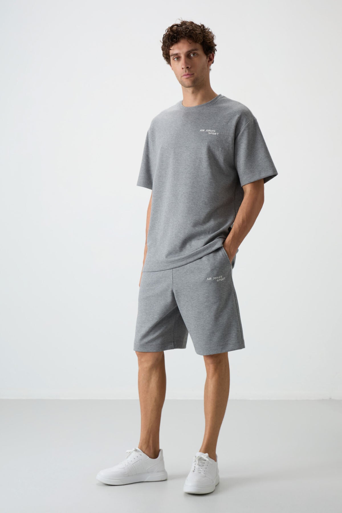 Grey Melange Cotton Thick Soft Textured Oversize Fit Embroidered Men's Shorts Set - 85250