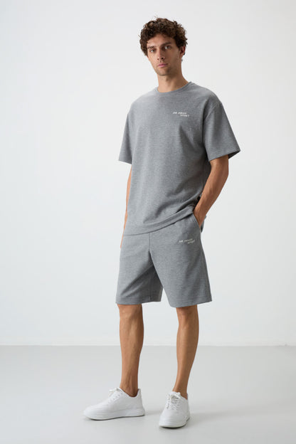 Grey Melange Cotton Thick Soft Textured Oversize Fit Embroidered Men's Shorts Set - 85250