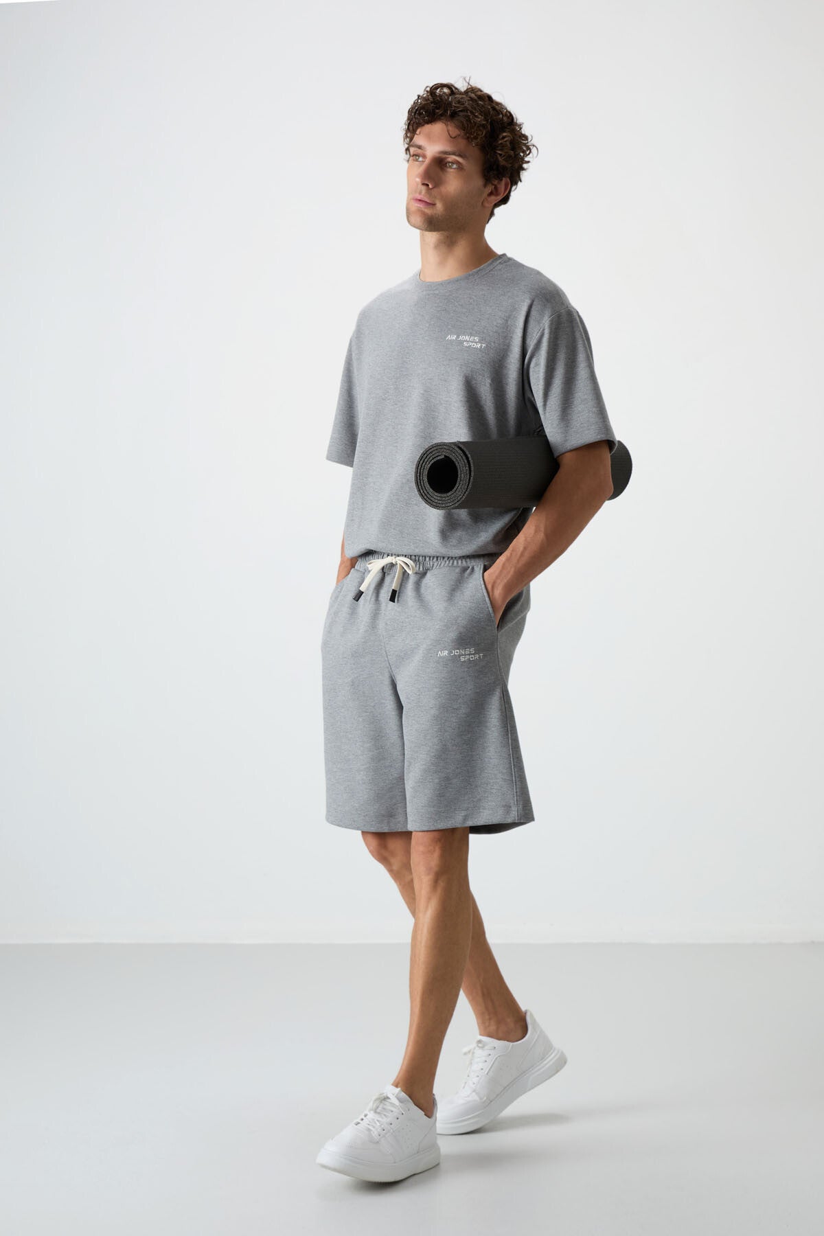 Grey Melange Cotton Thick Soft Textured Oversize Fit Embroidered Men's Shorts Set - 85250