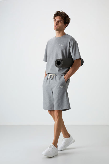 Grey Melange Cotton Thick Soft Textured Oversize Fit Embroidered Men's Shorts Set - 85250