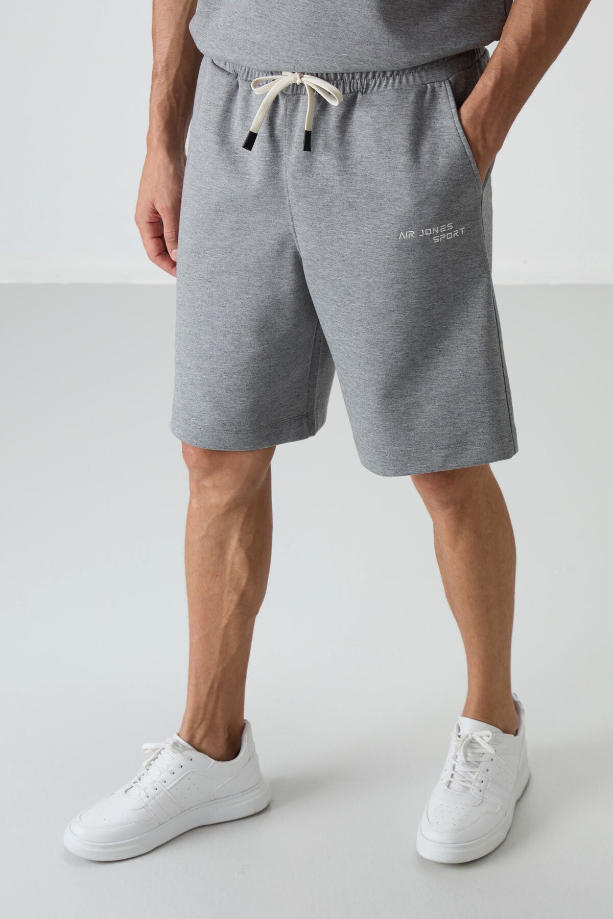 Grey Melange Cotton Thick Soft Textured Oversize Fit Embroidered Men's Shorts Set - 85250