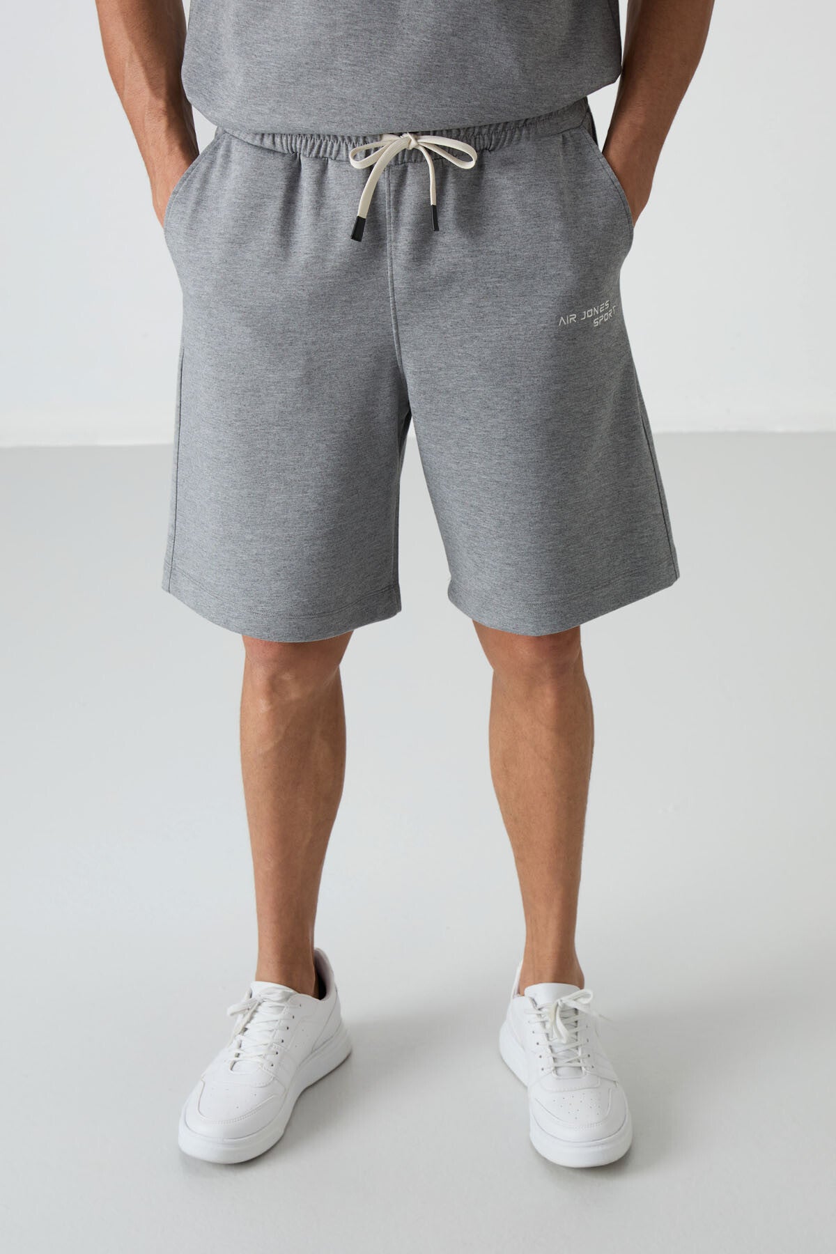 Grey Melange Cotton Thick Soft Textured Oversize Fit Embroidered Men's Shorts Set - 85250