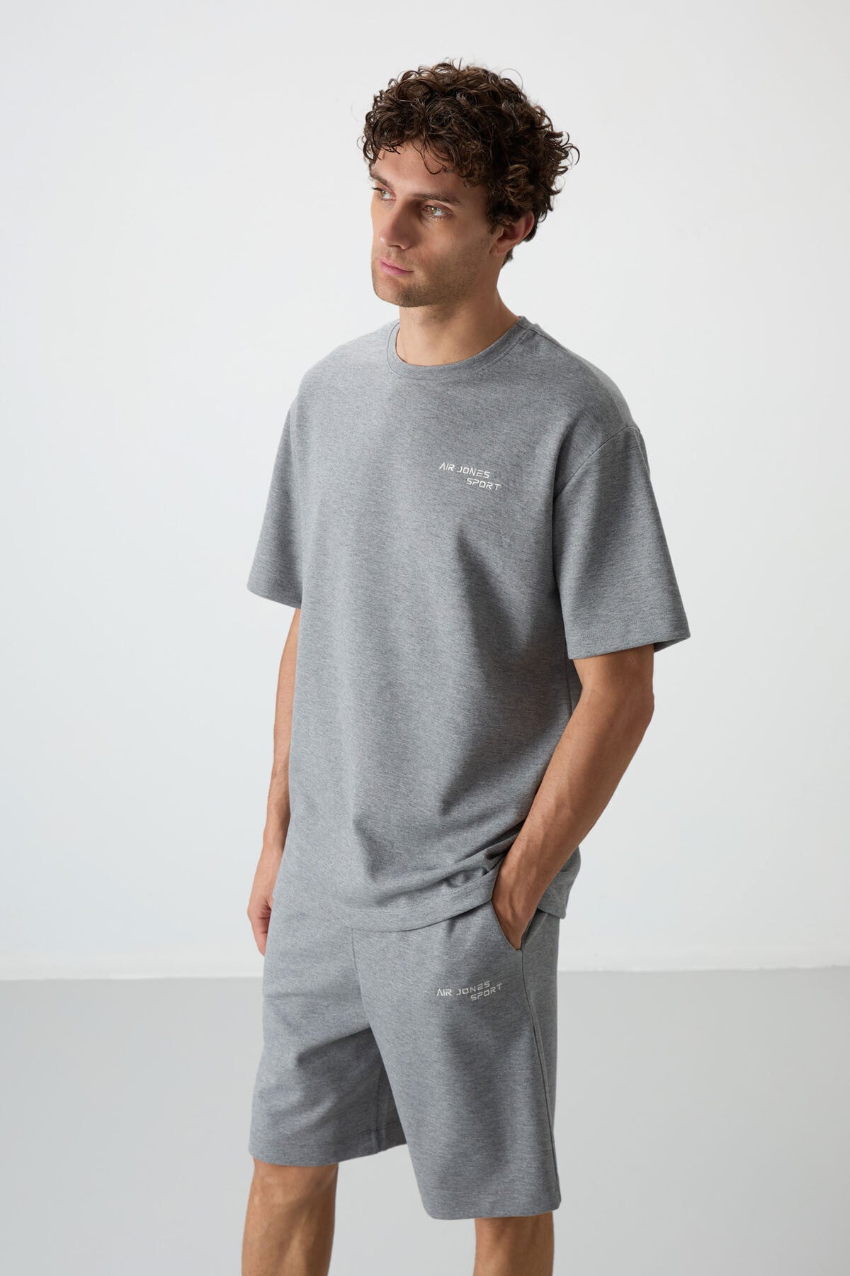 Grey Melange Cotton Thick Soft Textured Oversize Fit Embroidered Men's Shorts Set - 85250