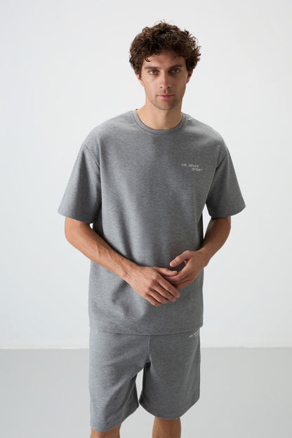 Grey Melange Cotton Thick Soft Textured Oversize Fit Embroidered Men's Shorts Set - 85250