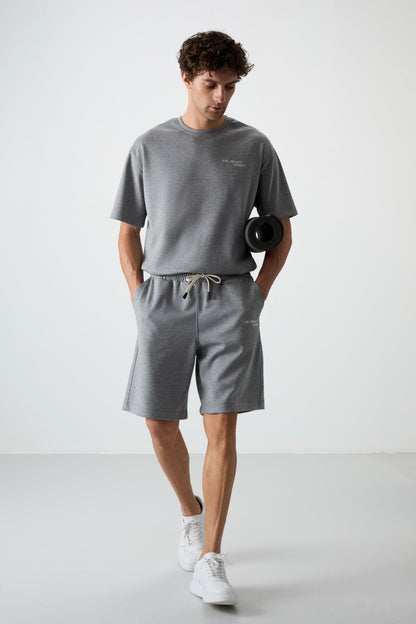 Grey Melange Cotton Thick Soft Textured Oversize Fit Embroidered Men's Shorts Set - 85250