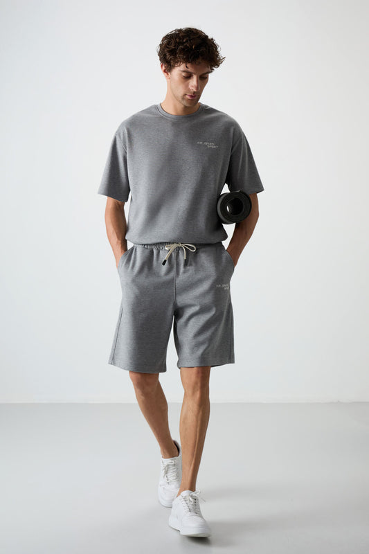 Grey Melange Cotton Thick Soft Textured Oversize Fit Embroidered Men's Shorts Set - 85250