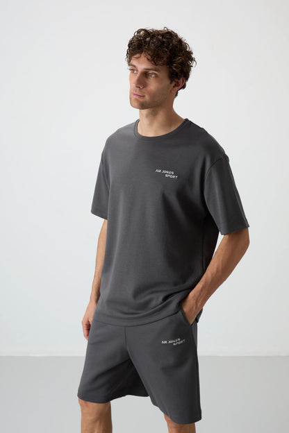 Cotton Thick Soft Textured Oversize Fit Embroidered Men's Shorts Set - 85250