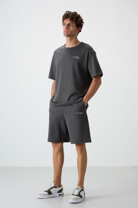 Cotton Thick Soft Textured Oversize Fit Embroidered Men's Shorts Set - 85250