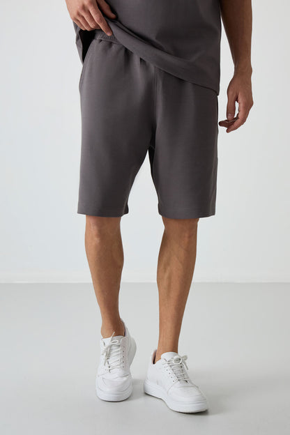 Dark Grey Cotton Thick Soft Textured Oversize Fit Basic Men's Shorts Set - 85249
