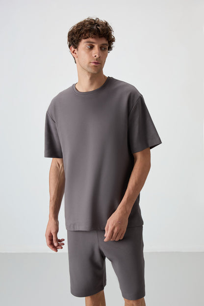 Dark Grey Cotton Thick Soft Textured Oversize Fit Basic Men's Shorts Set - 85249