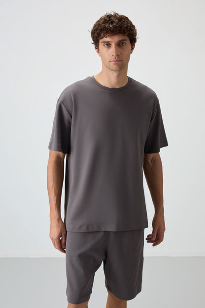 Dark Grey Cotton Thick Soft Textured Oversize Fit Basic Men's Shorts Set - 85249