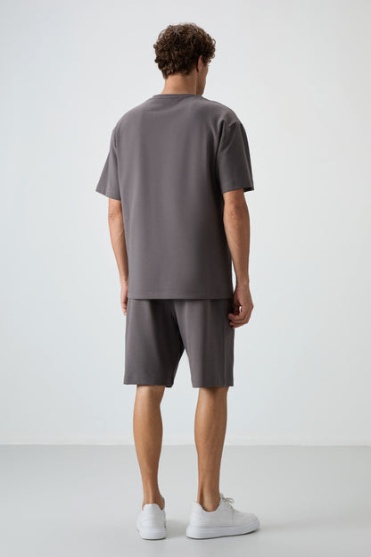 Dark Grey Cotton Thick Soft Textured Oversize Fit Basic Men's Shorts Set - 85249