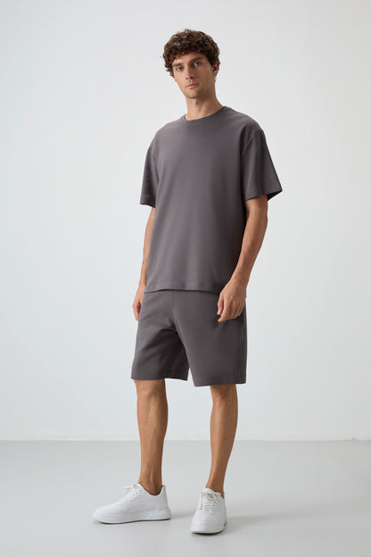 Dark Grey Cotton Thick Soft Textured Oversize Fit Basic Men's Shorts Set - 85249