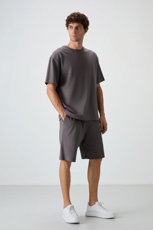 Dark Grey Cotton Thick Soft Textured Oversize Fit Basic Men's Shorts Set - 85249